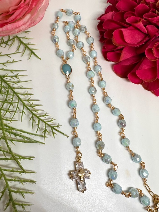 Saval Jewelry Jewelry - NEW ⚜️Handmade Blue Milk Glass Crystal Beaded Rosary Necklace